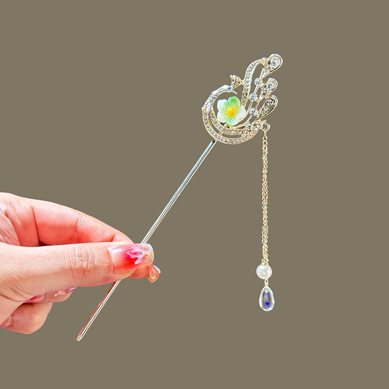 Light Luxury Women's Hairpin Glitter Rhinestone Flower Tassel Hair Stick Daily Life Travel Shopping Party Elegant Hair Accessory