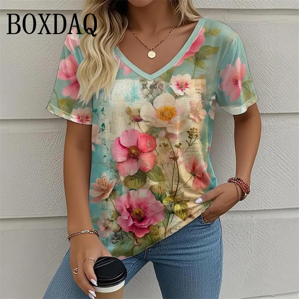 Plant Flower 3D Printed Women's T-shirt Retro V-neck Short Sleeved