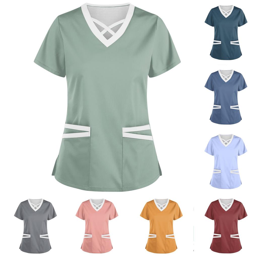 Women's Fashionable V-Neck Short-Sleeved Work Clothes With Drawstrings And Pockets Color Matching Tops And Protective Clothing