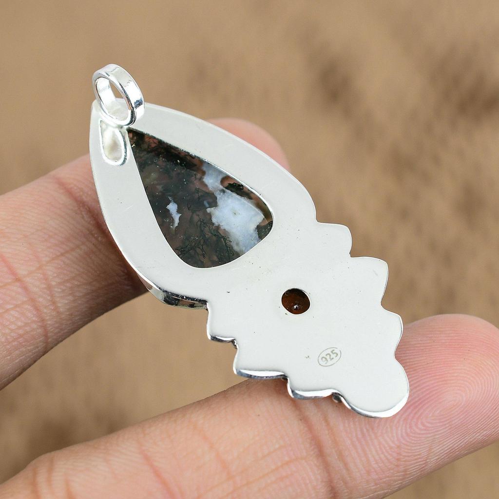 Birthday Gift For Her Natural Solar Moss Agate Gemstone Pendant 925 Silver