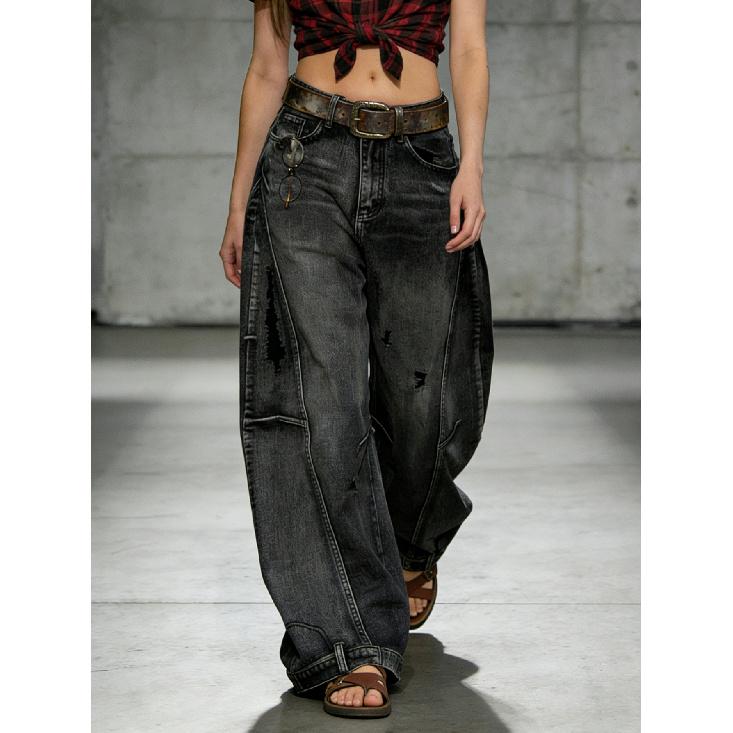Vintage Washed Distressed Curved Hem Jeans for Women Bohemian Style High Waist Loose Casual Wide Leg Banana Pants S чёрный