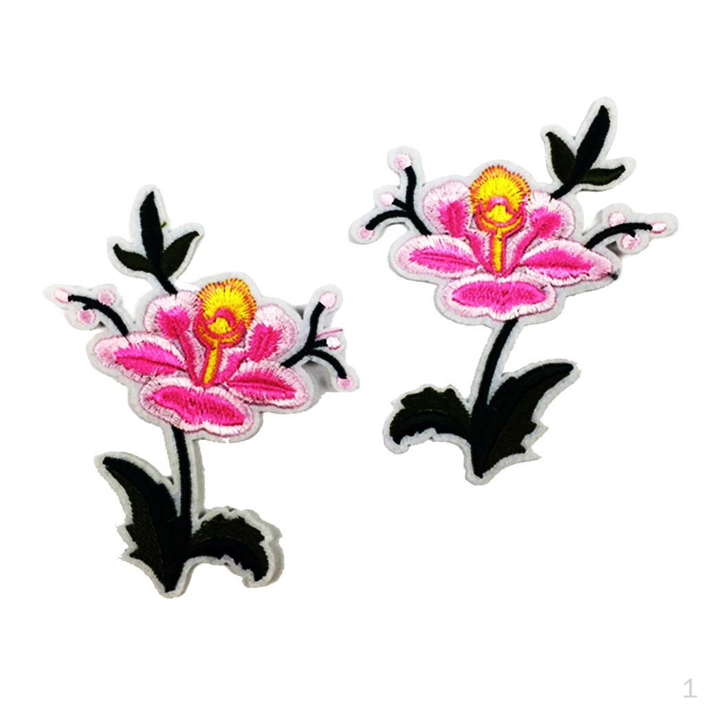 1 Pair Embroidery Flower Sewing Applique Patches On Clothes Dress for Decoration Pink