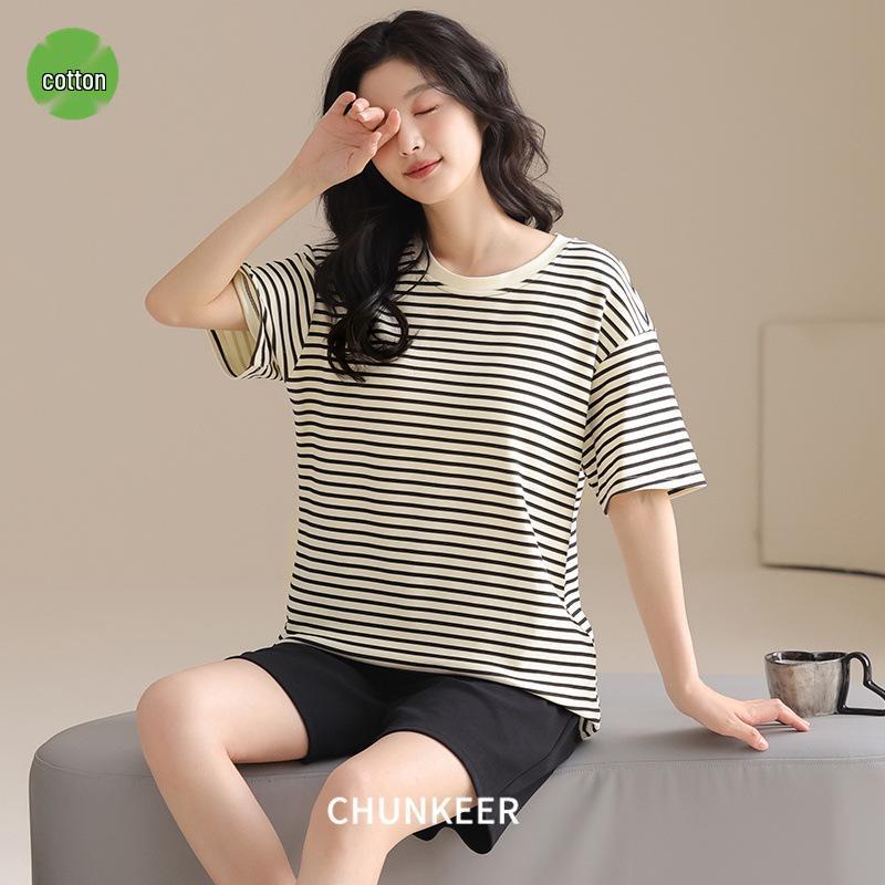 

Женский и мужской пижамный комплект в полоску из чистого хлопка с коротким рукавом - Идеально подходит для лета, повседневной домашней одежды или улицы M