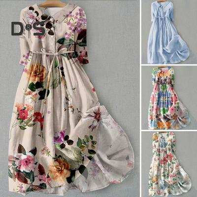 Damen-Frühlingskleid, Blumendruck, mittlere Ärmel, Revers, V-Ausschnitt, Schnürung, hohe Taille, A-Linie, halb einreihig, böhmisches Plissee-Midikleid
