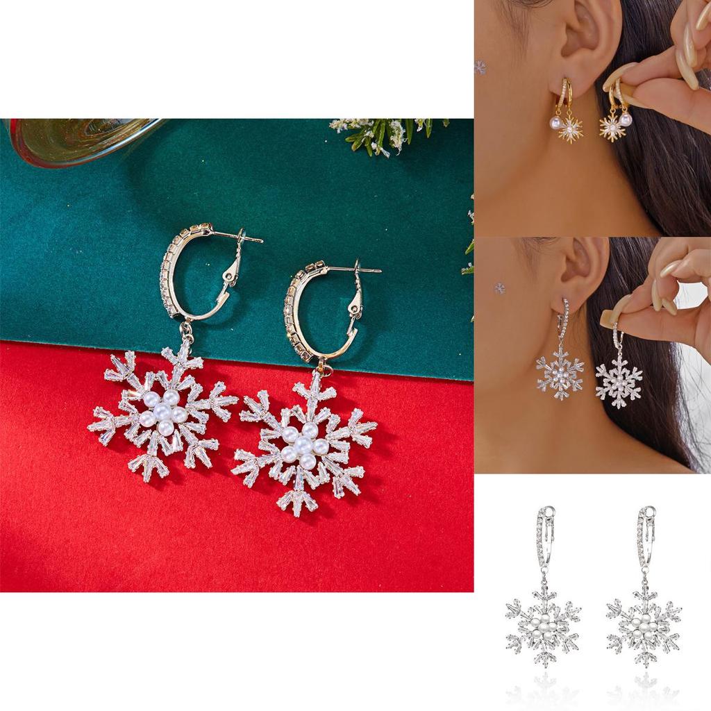 Christmas Snowflake Earrings With Zirconia And Pearl For Women Holiday Accessory