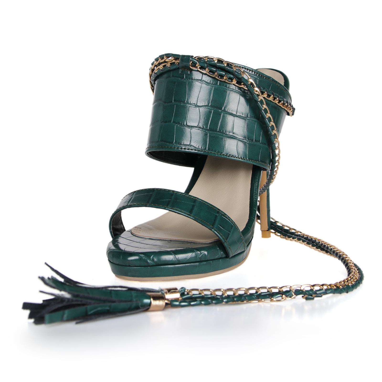 

13.5cm Chain Strap Ankle Fine Strap Tassel Back Empty High Fine Heel Sandals Women s Size Platform Sandals Women shoes 34 зелений