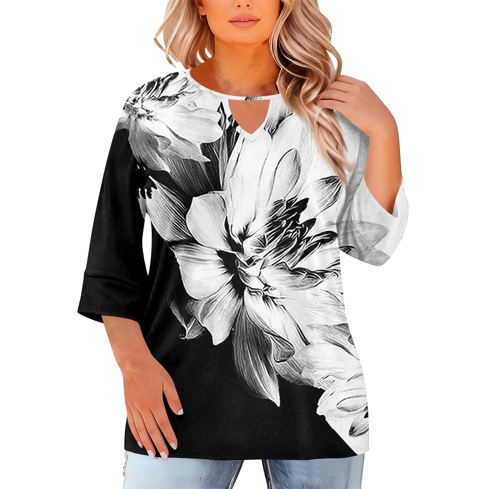 Women s Fashion Casual Round Neck Three-Quarter Sleeve Oversized Print Top XXL чёрный