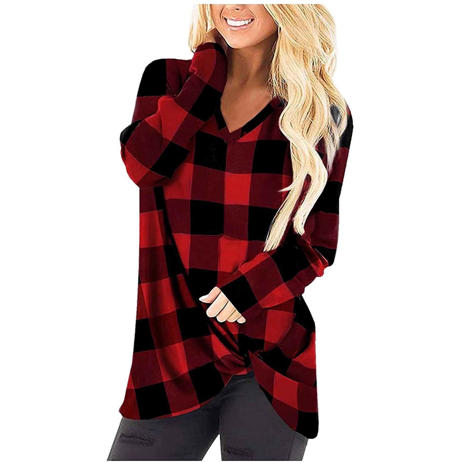 

Модные женские клетчатые принты, зимние свободные повседневные футболки с v-образным вырезом и длинными рукавами, топы