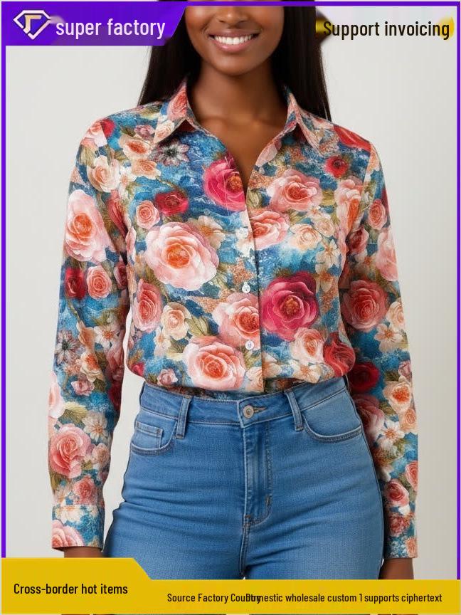 2026 Retro Floral 90s Hong Kong Style Women's Red Long Sleeve Shirt