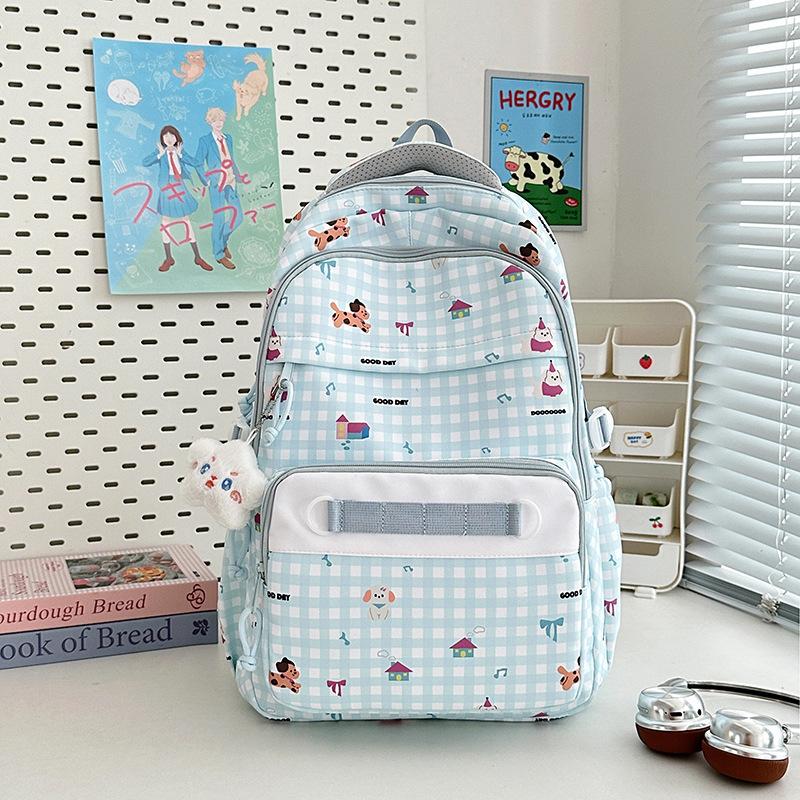 New high-value, fresh and sweet plaid cute cartoon backpack, lightweight backpack for junior high school students