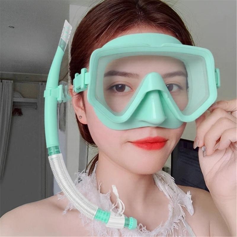 Leakproof Silicones Diving Mask Set with Foldable Dry Snorkel Adjustable Head Straps for Swimming Snorkeling Activity