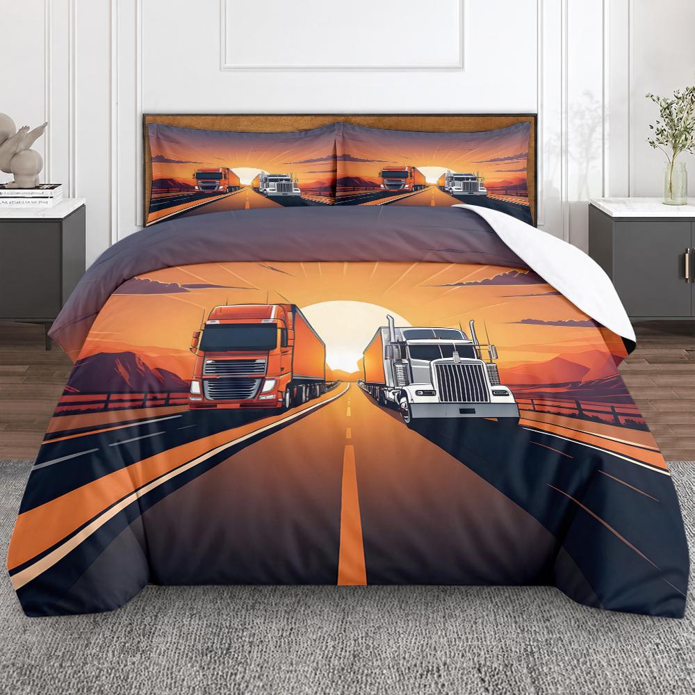 Semi Trucks Highway Sunset 3 Piece Bedding Set, Big Rig Road Duvet Cover Set for Men Boys Bedroom Decor Gift