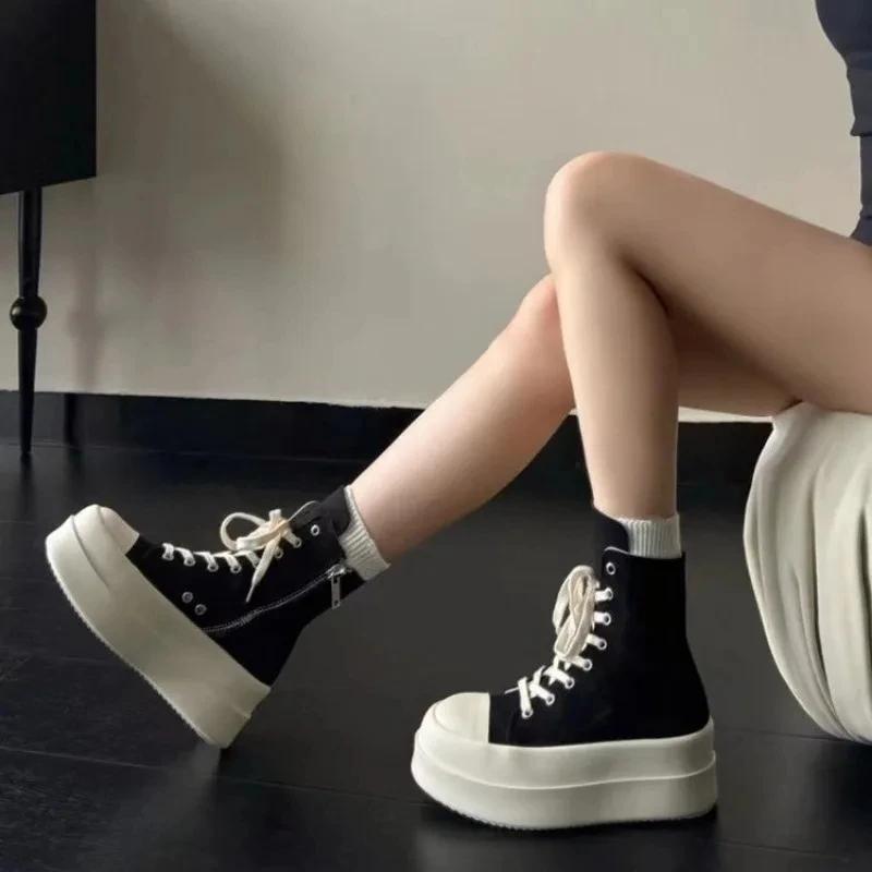 Fashion Women Punk High Top Sneakers Canvas Platform Heels Designer Elevator Shoes Lace Up Zip High Street Autumn Flats Black Boots