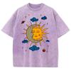 Women's Moon and Sun Printed T-shirt Oversized Short Sleeved Retro Washed Shirt Summer Top