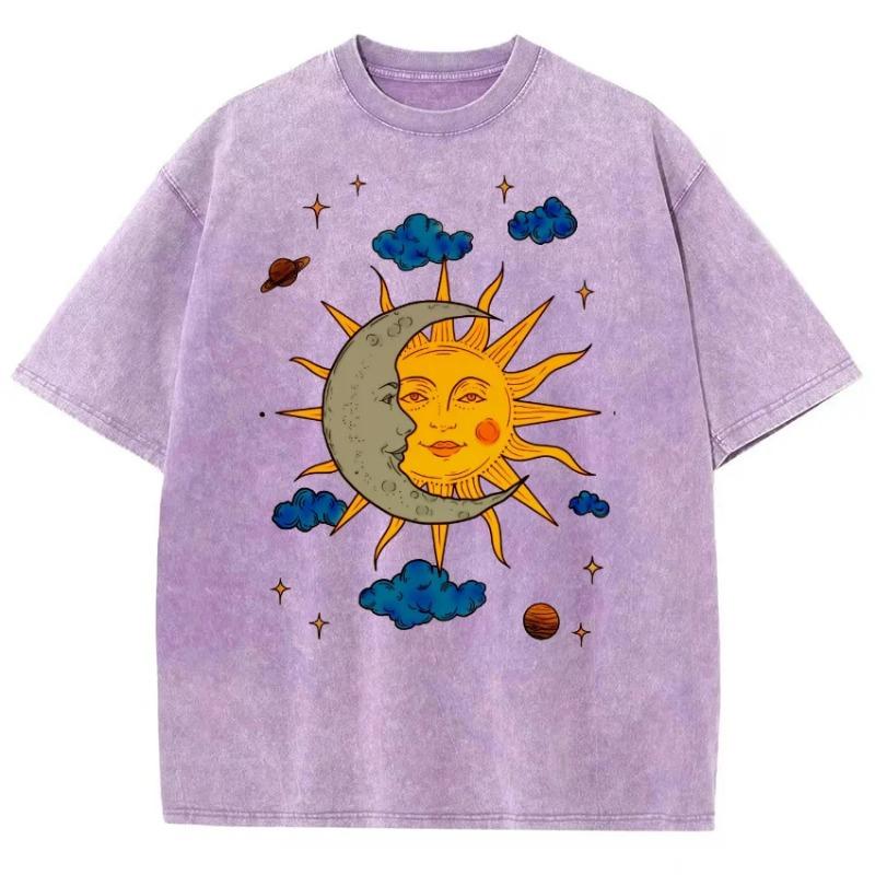 Women's Moon and Sun Printed T-shirt Oversized Short Sleeved Retro Washed Shirt Summer Top