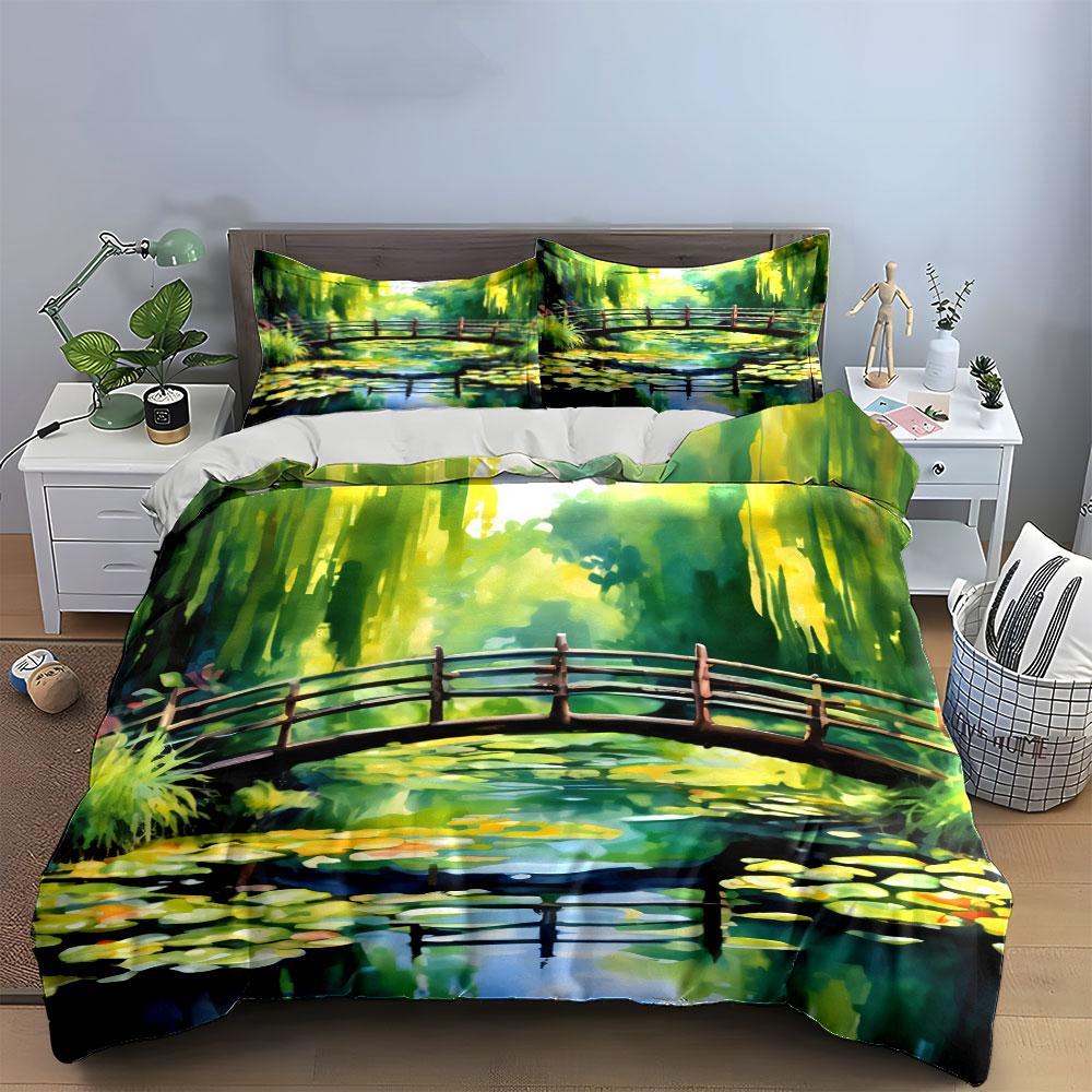 Tranquil Garden Bridge Scenery Set  Kid'S And Adults' Bedroom Decor, Exquisite Three-Piece Bedding Set Gift