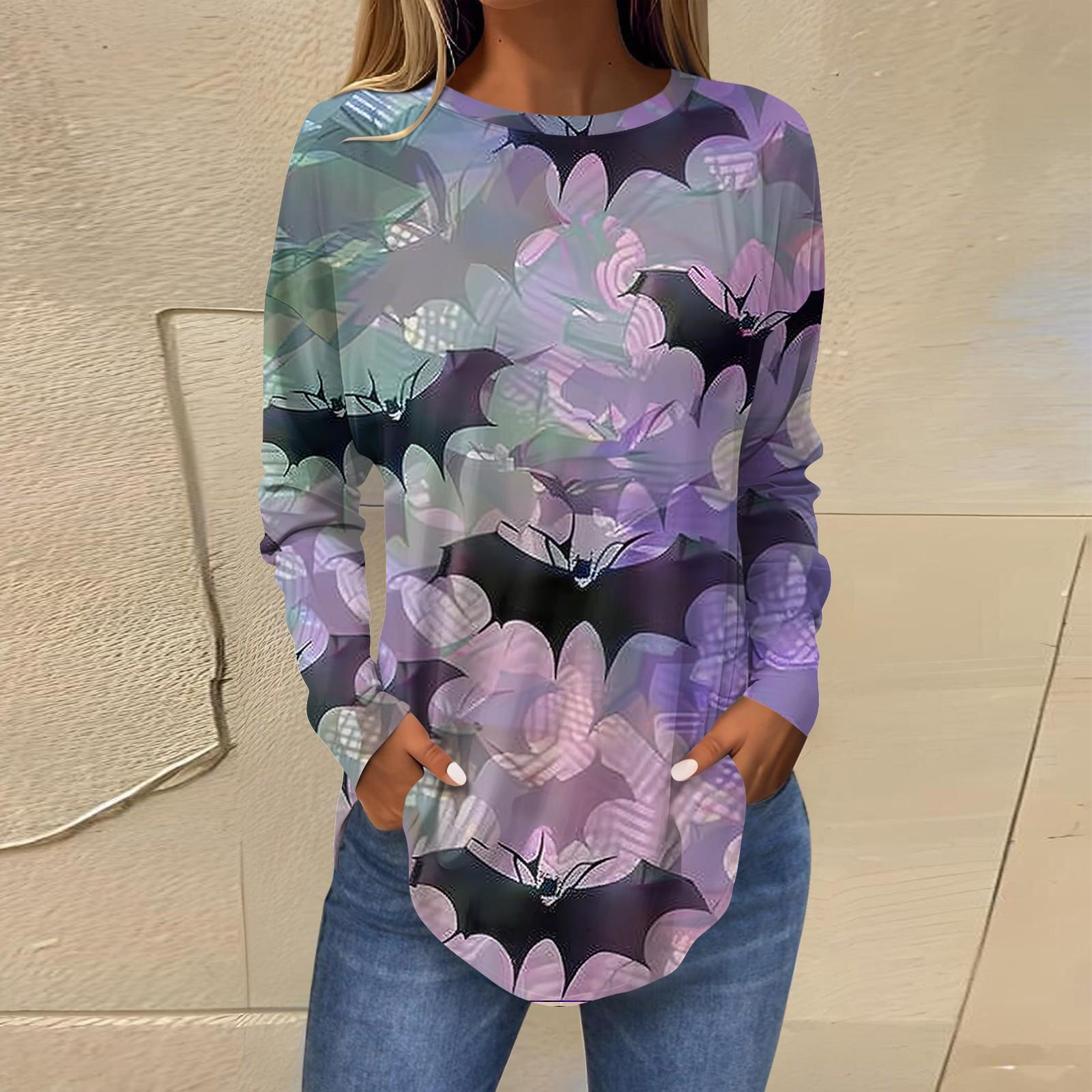 Женская свободная футболка с длинным рукавом с круглым вырезом и принтом — фото 10