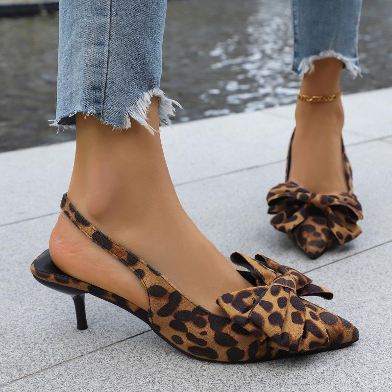 High-heeled sandals New product source in summer Thin high-heeled pointed leopard print bow empty sandals 36