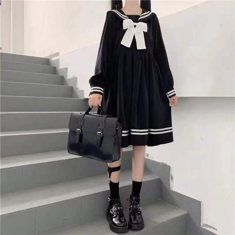 Rochii Femei Fundă Mozaic Lejer A-Line Moda Lungime până la genunchi Drăguț Imperiu Preppy Style Ins Guler marinar Japonez All-match Negru