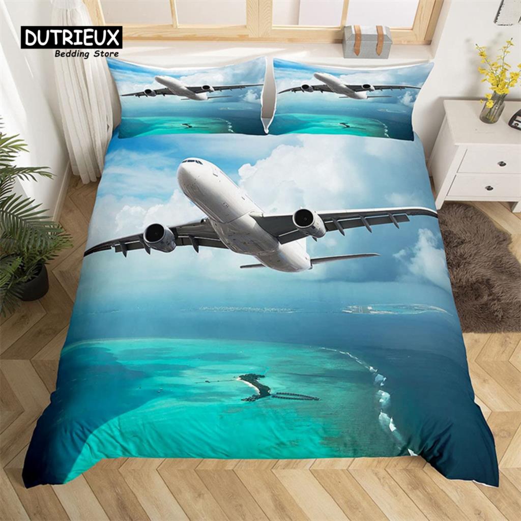 Classic Modern King 3D Airplane Aircraft Transportation Polyester Globe Helicopter Decor Comforter Quilt