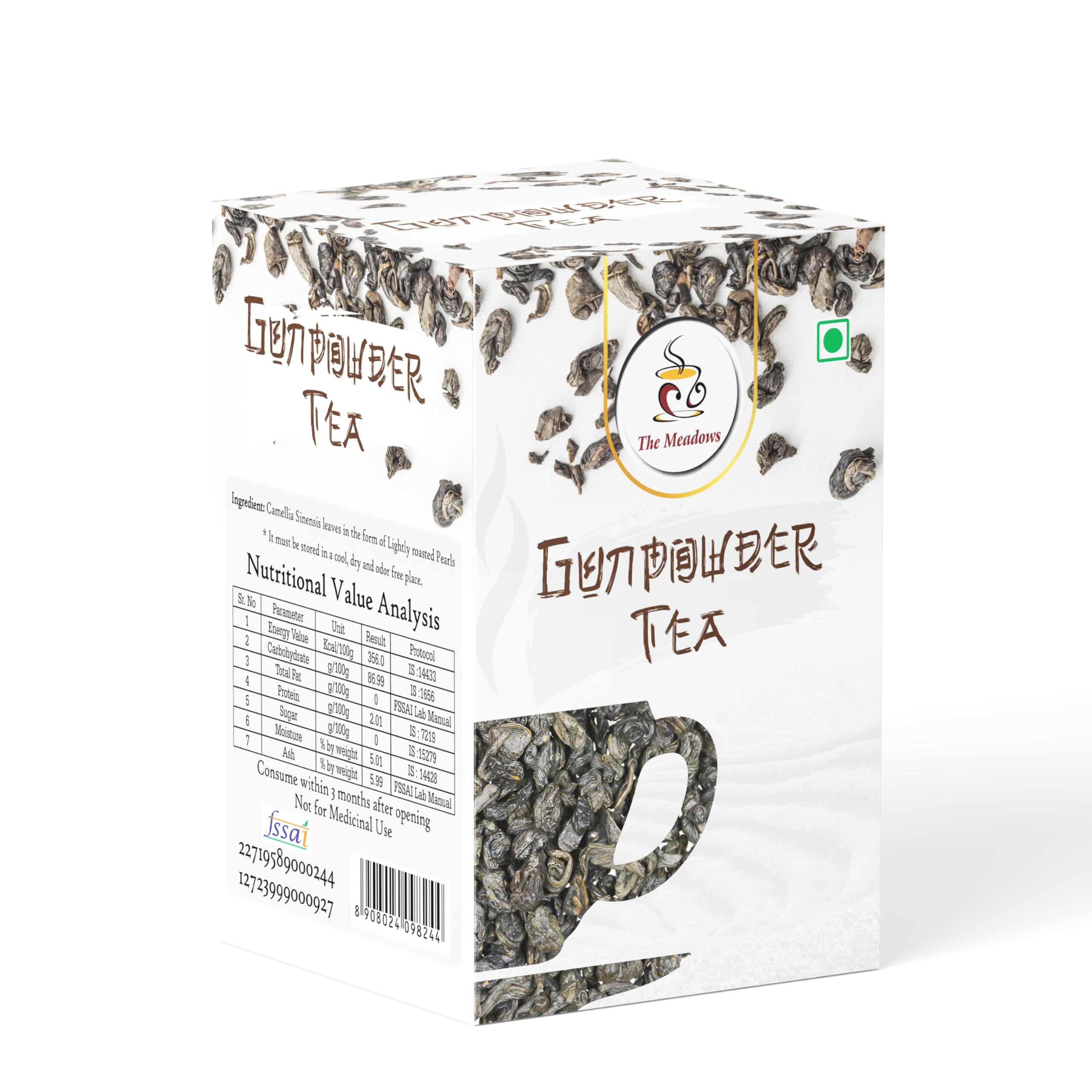 The Meadows Gunpowder Green Tea | Smoky-Flavoured Loose Leaf Green Tea with Bold Taste (Pack of 1, 100g)