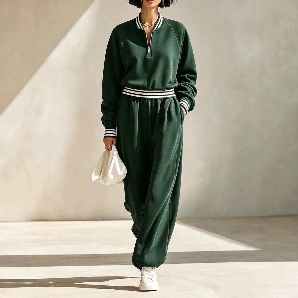 1116 Autumn and Winter New European and American Striped Spliced Half-zipper Sweater and Wide-leg Sweatpants Suit for Women