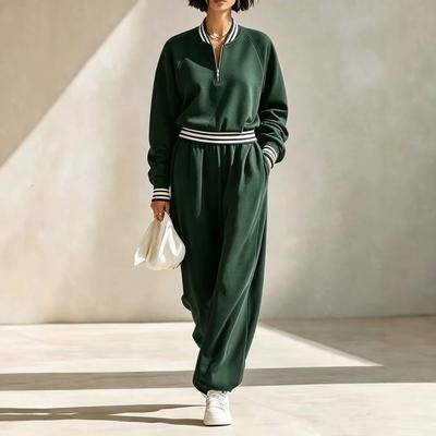 1116 Autumn and Winter New European and American Striped Spliced Half-zipper Sweater and Wide-leg Sweatpants Suit for Women