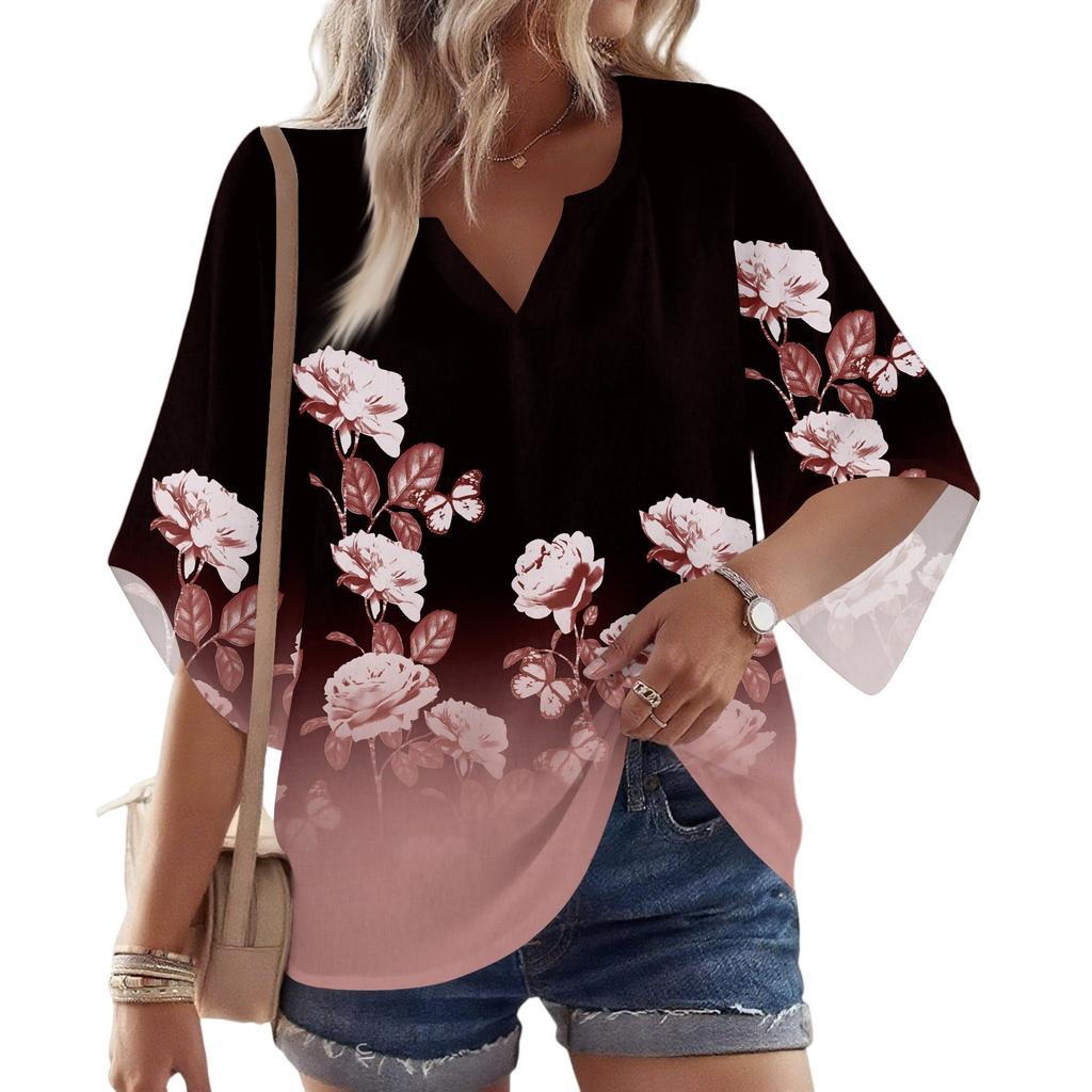 Women's 3/4 Sleeve V Floral Shirt Casual Loose Tunic Top