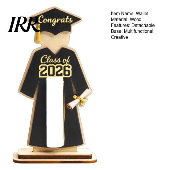 Wooden Cash Holder Graduate Cap and Gown Wallet Solid Wood Bachelor's Uniform Shape Graduation Money with Class of 2026 Logo Detachable Base Ornament
