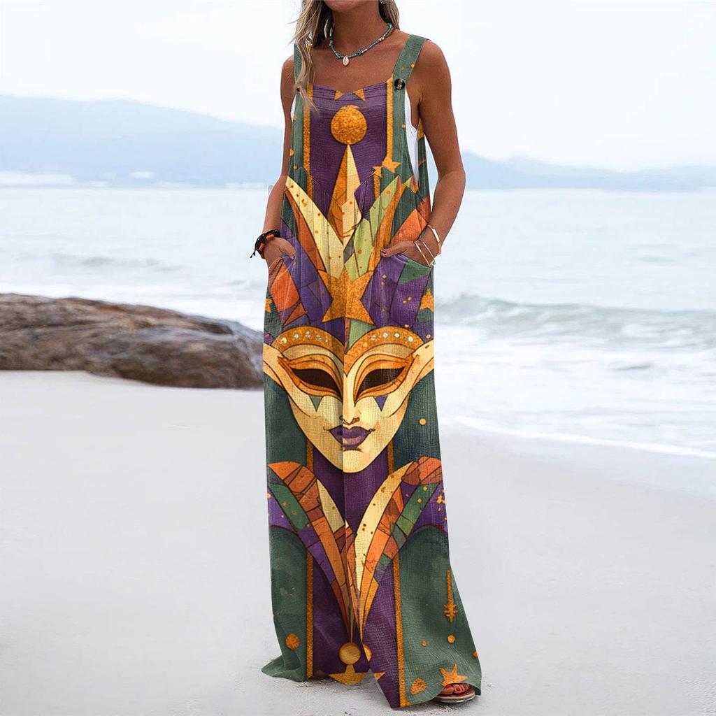 Wide Leg Overalls For Women Casual Loose Sleeveless Print Button Long Pant Romper Jumpsuit With Pockets