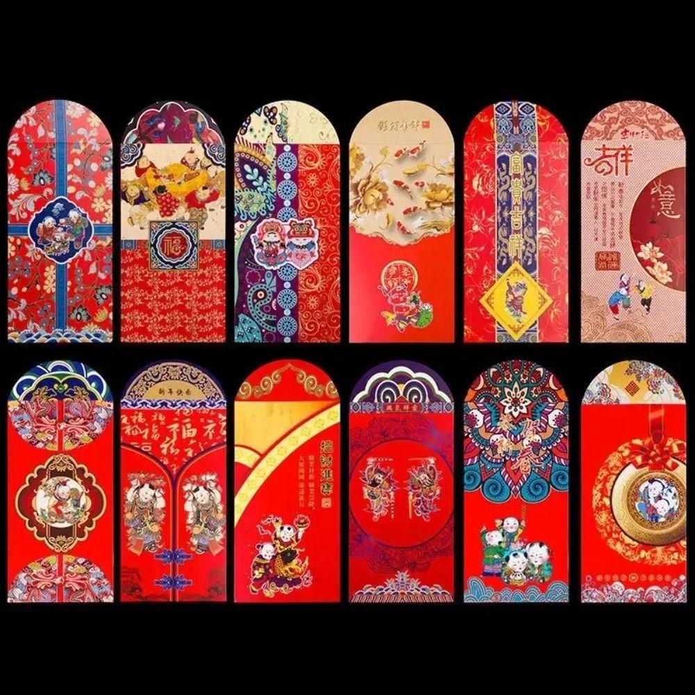 12pcs Paper Lucky Money Bless Pocket Cartoon Red Pocket Chinese Style New Year Red Envelope  Decor