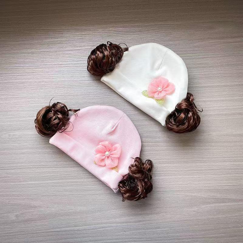 Baby Girl Cotton Beanie - High Elasticity, Cute Wig-Style Hat for Newborns, Spring & Autumn Style