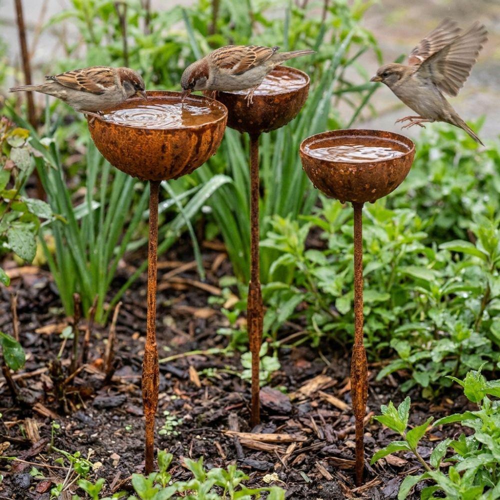 Vintage Weathered Rain Collectors Long Stem Rusty Bird Feeder Metal Bird Bath  Outdoor Garden