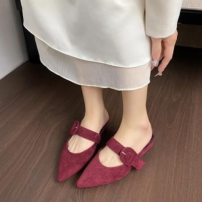 Fashion Fashion Slippers Autumn New Pointed Toe Shallow Suede Straight Belt Soft Sole Non-slip Low Heel Wrapped Head Half Drag