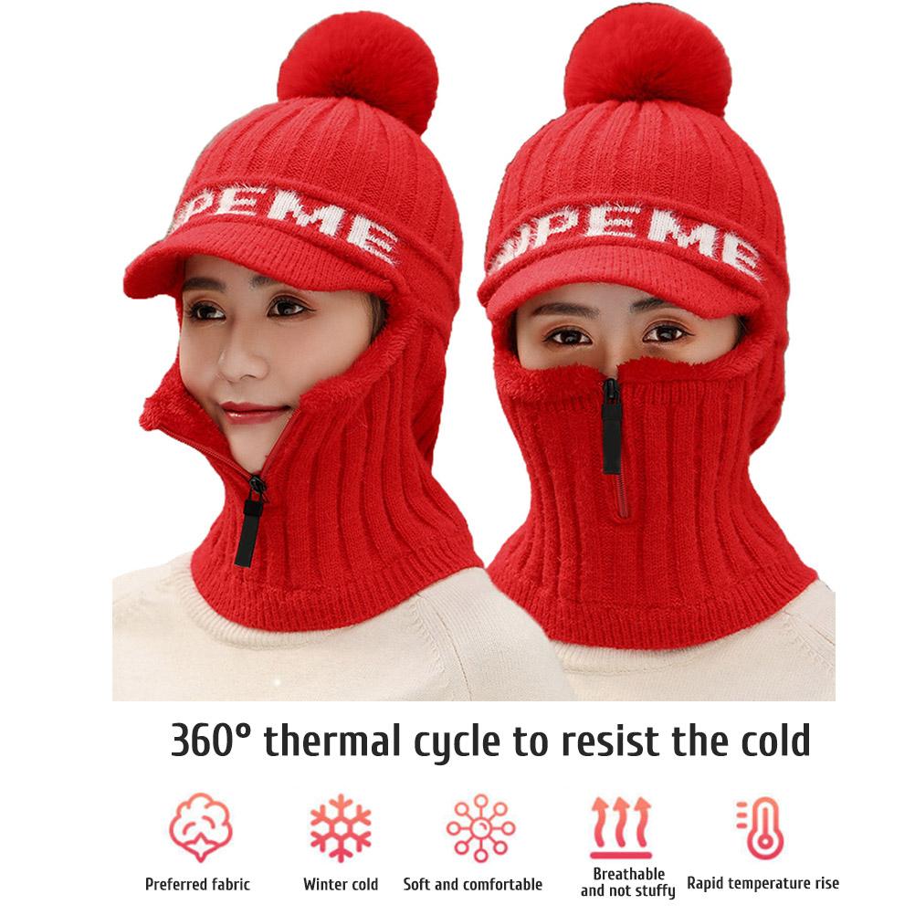 Winter Knitted Hat Scarf Set Beanie Zip Scarf Earflap Fleece Lined Ski  with Pompom Windproof Thermal Hat Neck Warmer