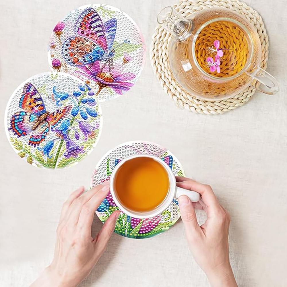 8 Stück/Set Untersetzer mit Diamant-Schmetterlingsmuster, DIY-Untersetzer mit Halter, Geeignet für Anfänger und Erwachsene, Kunst- und Handwerksbedarf Geschenke