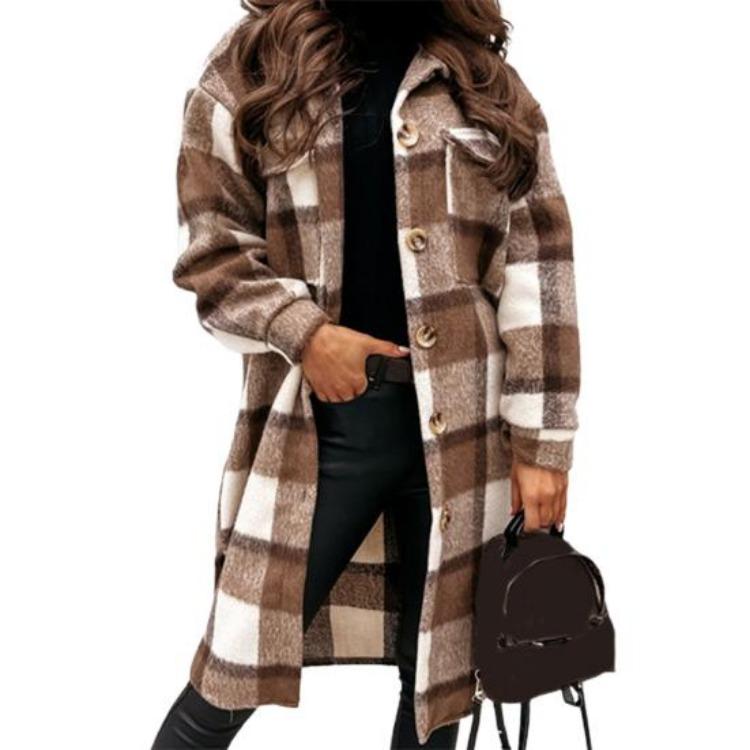 Women Woolen Coat Autumn Winter Plaid Print Turn Down Collar Long Sleeve Flap Pockets Outerwear