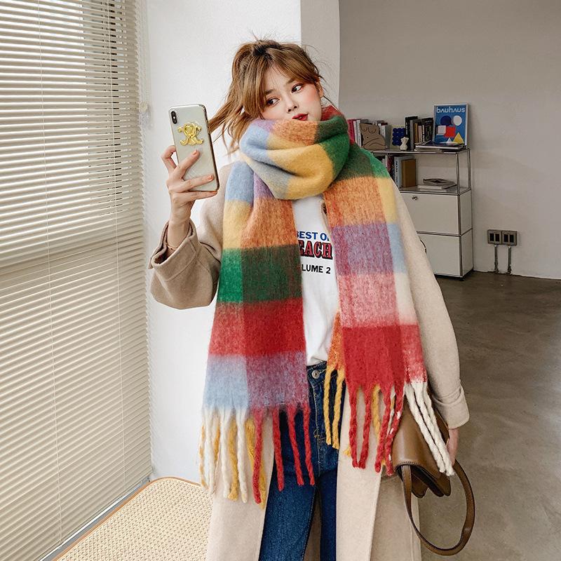 Rainbow Scarf Women's Winter Shawl Couple Colored Plaid Warm Thickened Ins Trendy Cute Girl Student Versatile