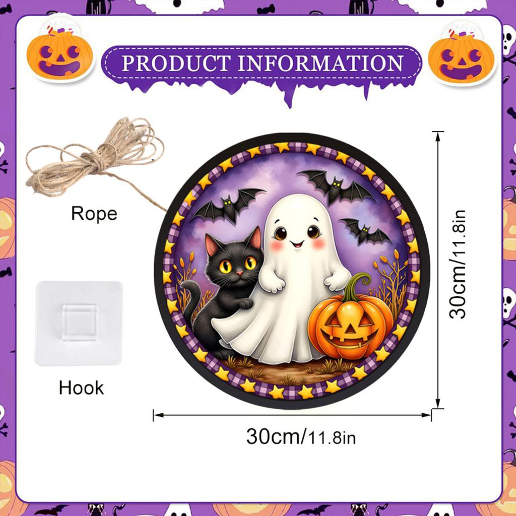 Halloween LED Light Up Hanging Sign Ghost Black Cat Pumpkin Bat Themed Decorative Party Ornament for Indoor Outdoor Display