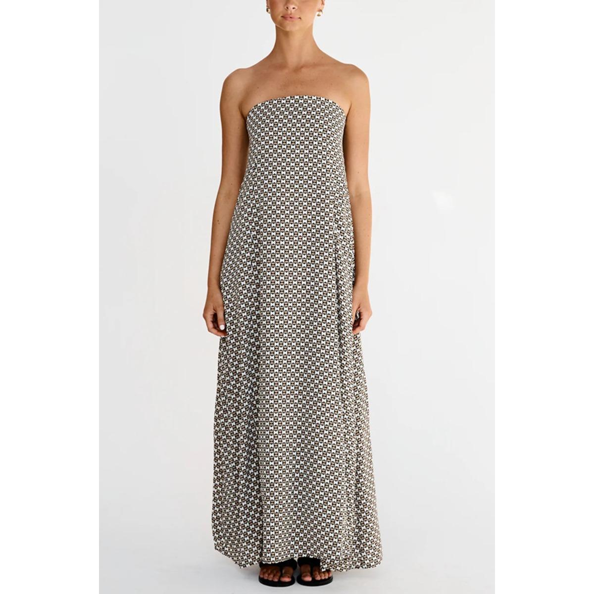 Women s Strapless Sleeveless Printed A-Line High Waist Minimalist Streetwear Maxi Dress Summer Beach Sundress S