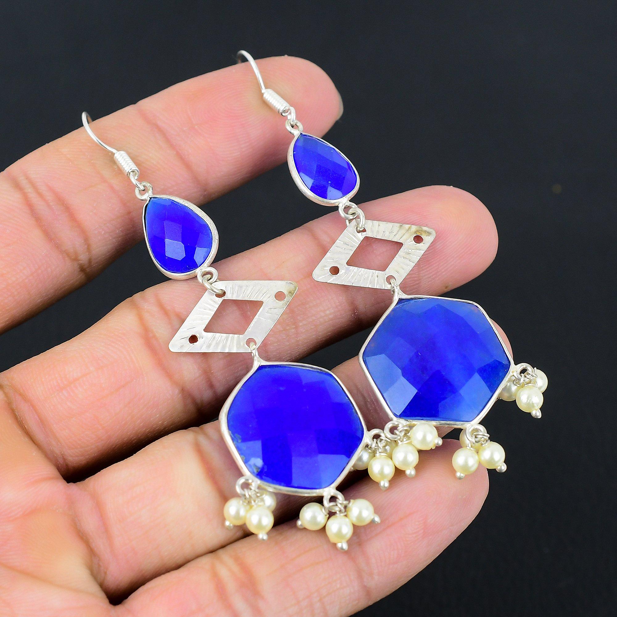 

Sterling Silver Hexagon Blue Sapphire Stone Wedding Dangle Handcrafted Earrings
