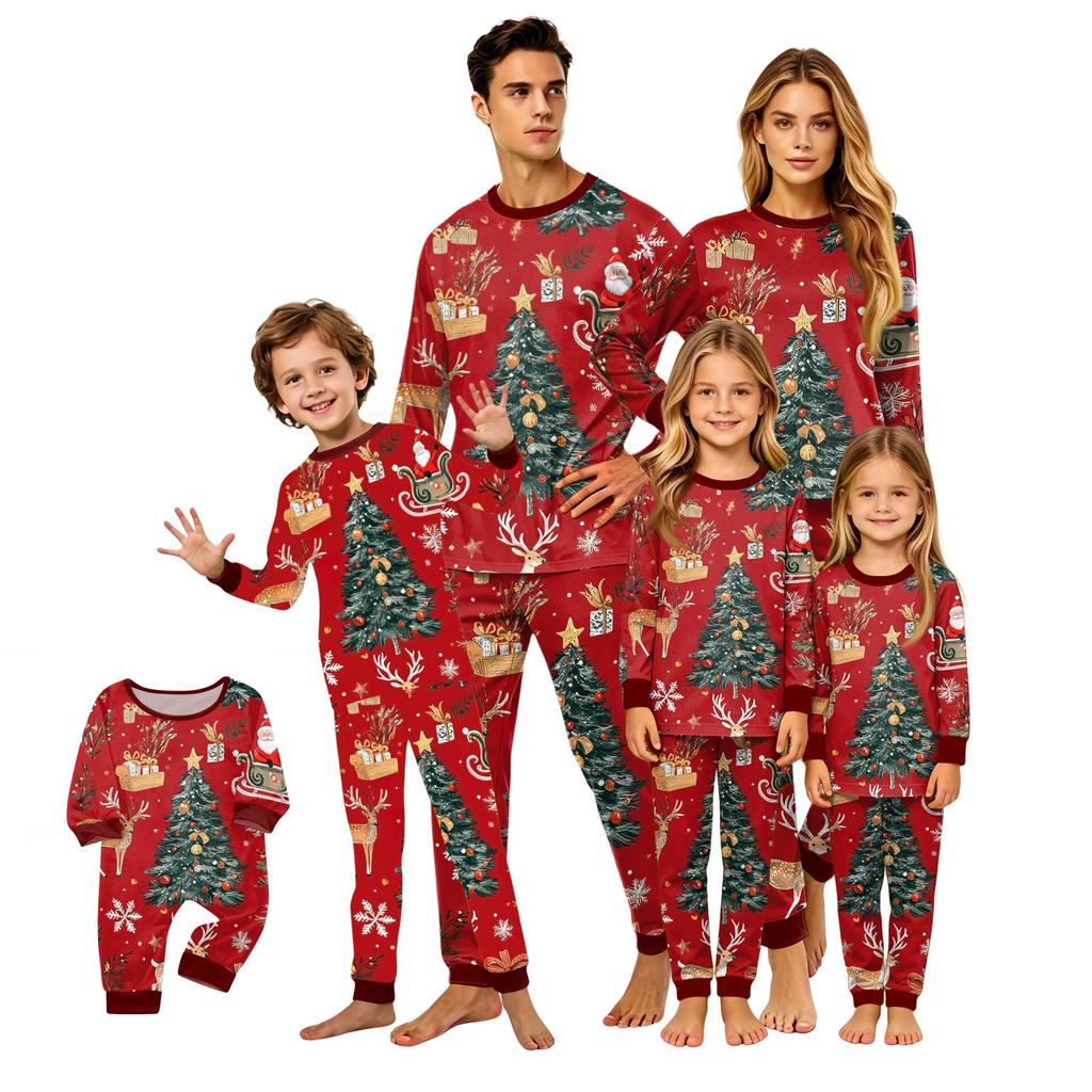 Christmas Print Family Matching Pajama Set Long Sleeve Round Neck Sleepwear for Parent and Kid