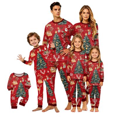 Conjunto de Pijama Familiar a Juego con Estampado Navideño de Manga Larga y Cuello Redondo para Padres e Hijos