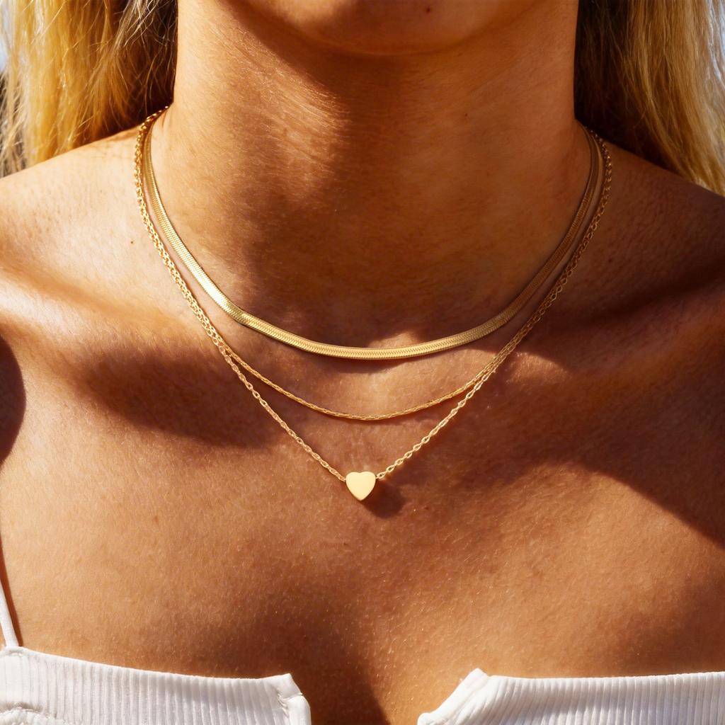 French Chic Layered Stainless Steel Necklace Set for Women, Gold Plated Snake Heart Chain 3-in-1 Tarnish Free Jewelry