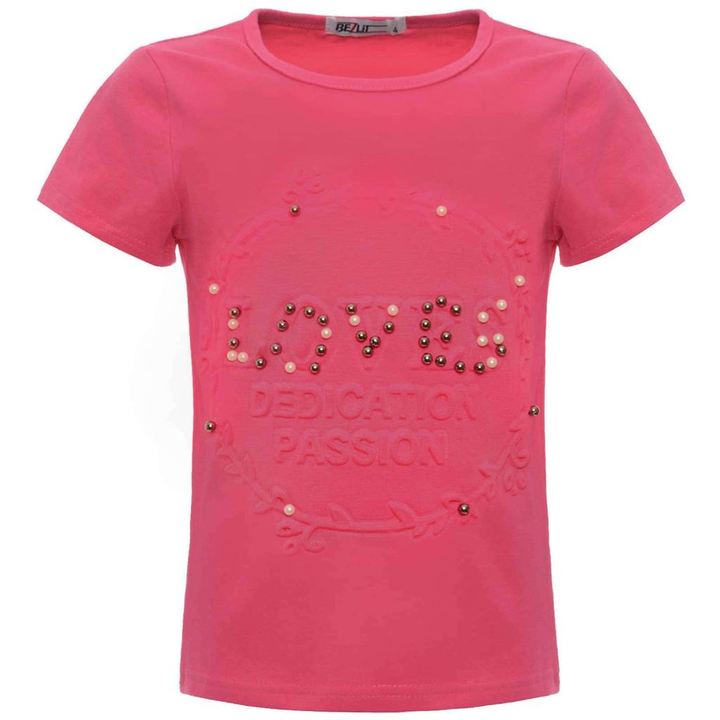 Girls Summer T-shirt with Faux Pearls and Print Motifs