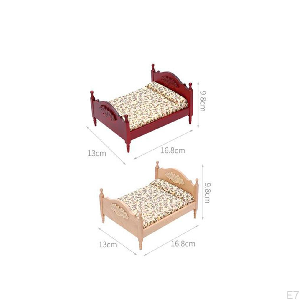Miniature Birch Wood Upholstered Double Bed And Bedroom Accessories Furniture 1:12 Scale Doll House