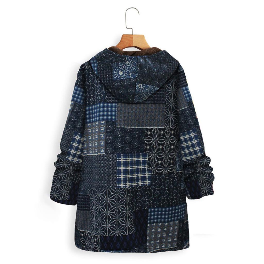 Women Vintage Flowers Print Fleece Hooded Plus Size Long Sleeve Jacket Coat