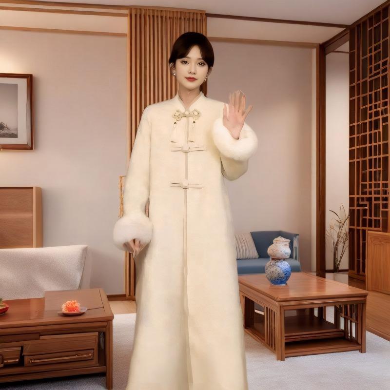 Autumn and Winter New Women's Elegant Slim-looking Vertical Collar Traditional Style Wool Coat with Knee Buckle