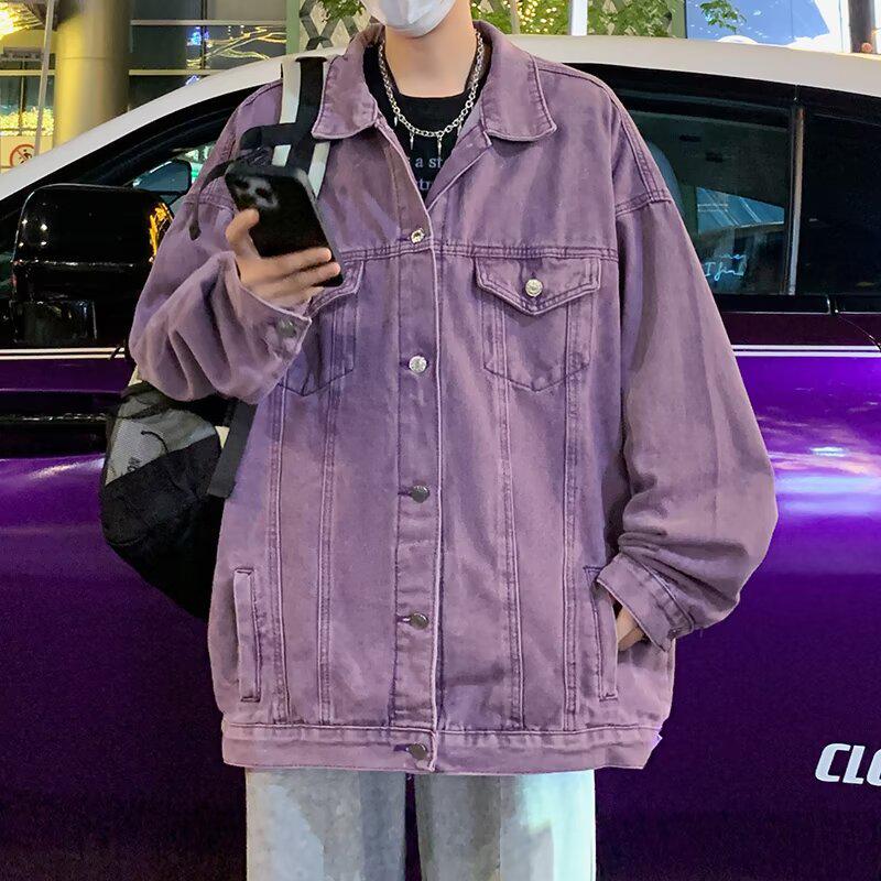 

Унисекс Фиолетовая Джинсовая Куртка в Ретро Стиле – Модная Осенняя Уличная Рабочая Одежда для Мужчин и Женщин L