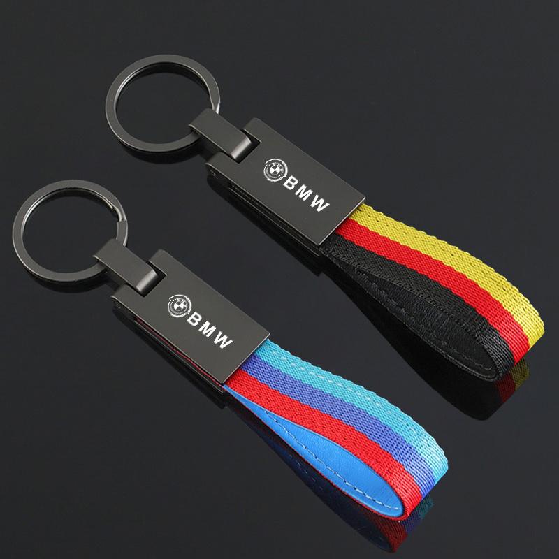 OMPC8 Zinc Alloy Keyring Nylon Tricolor Woven Belt Car Keychain For BMW 50th Anniversary 1 3 5 7 series E83 F16 E70 BMW M M3 M5 X1 X2